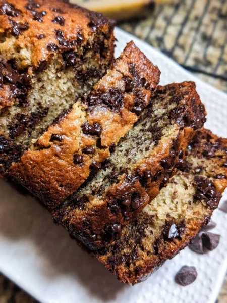 Deliciously moist chocolate chip banana bread freshly baked