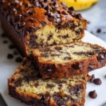 Slice of super moist chocolate chip banana bread on a wooden table