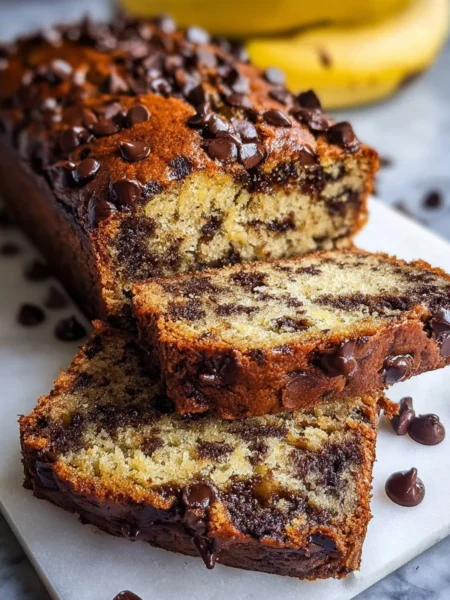 Slice of super moist chocolate chip banana bread on a wooden table