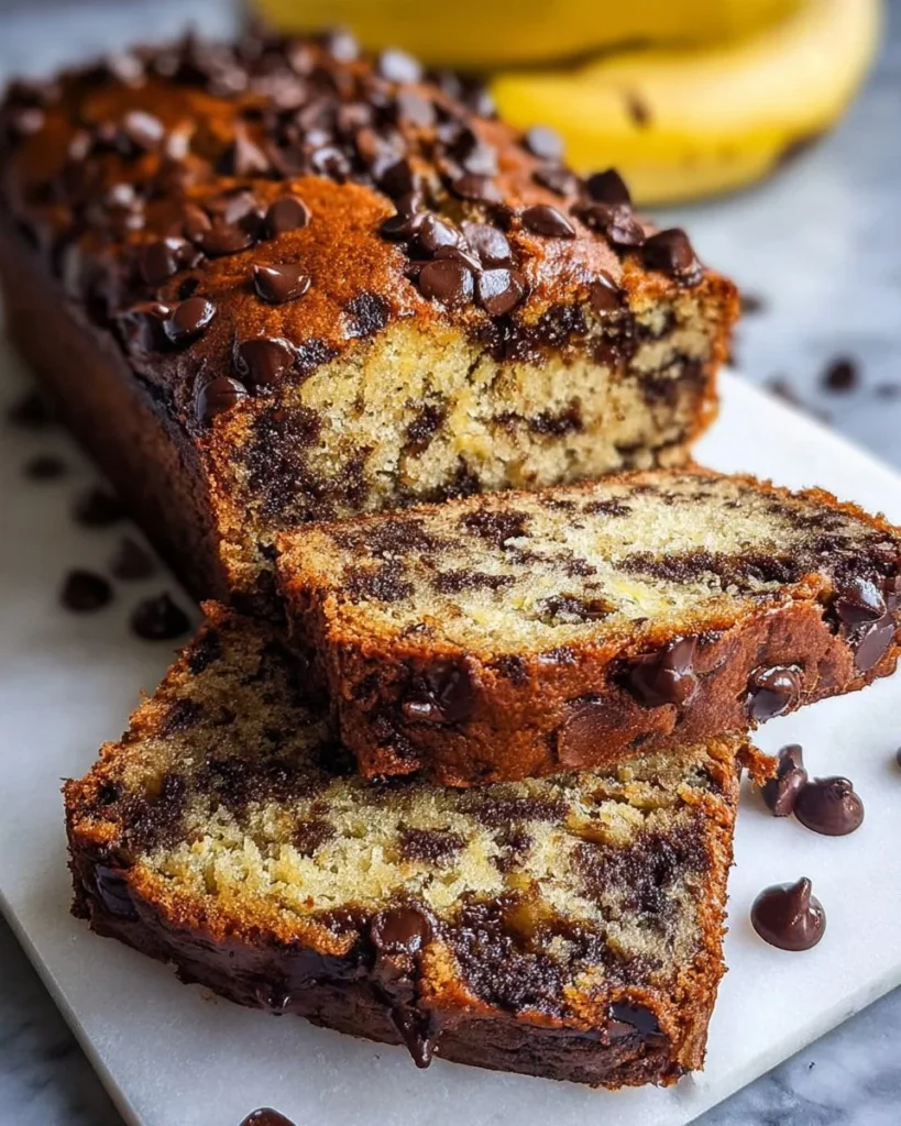 Slice of super moist chocolate chip banana bread on a wooden table