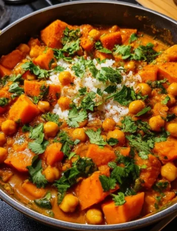 A bowl of sweet potato and chickpea curry garnished with fresh herbs