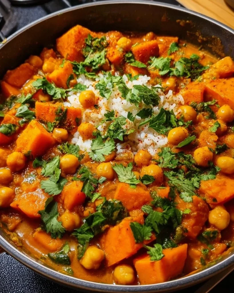 A bowl of sweet potato and chickpea curry garnished with fresh herbs