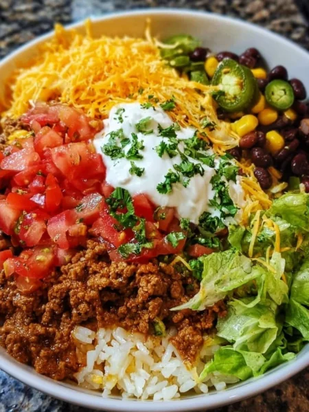 Delicious Taco Rice Bowl with fresh ingredients and vibrant toppings