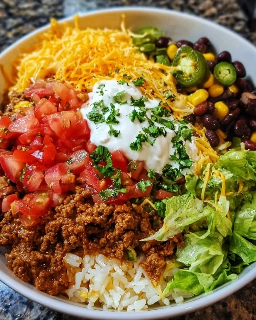 Delicious Taco Rice Bowl with fresh ingredients and vibrant toppings