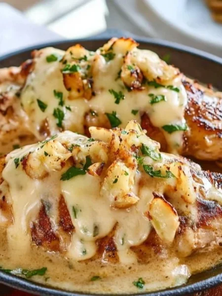 Delicious Texas Roadhouse Smothered Chicken topped with Jack Cheese