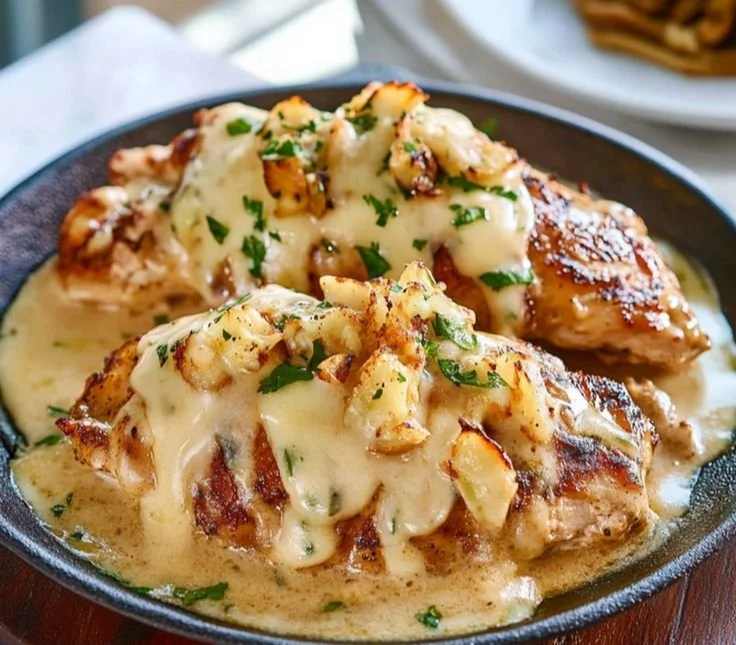 Delicious Texas Roadhouse Smothered Chicken topped with Jack Cheese