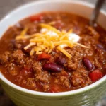 Bowl of delicious classic chili topped with cheese and herbs