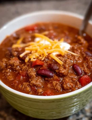 Bowl of delicious classic chili topped with cheese and herbs