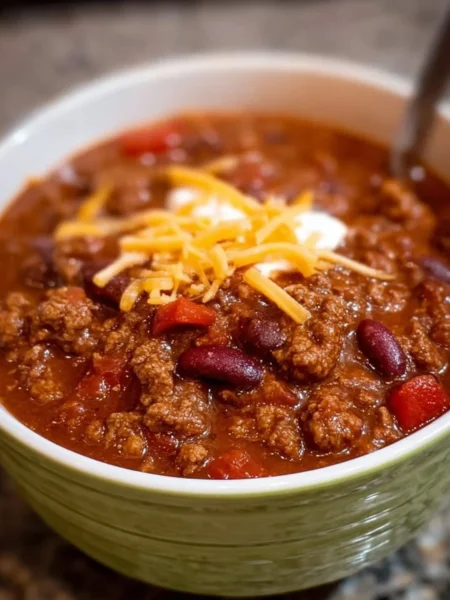 Bowl of delicious classic chili topped with cheese and herbs