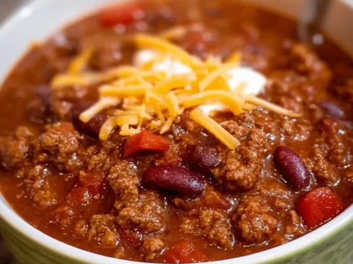 Bowl of delicious classic chili topped with cheese and herbs