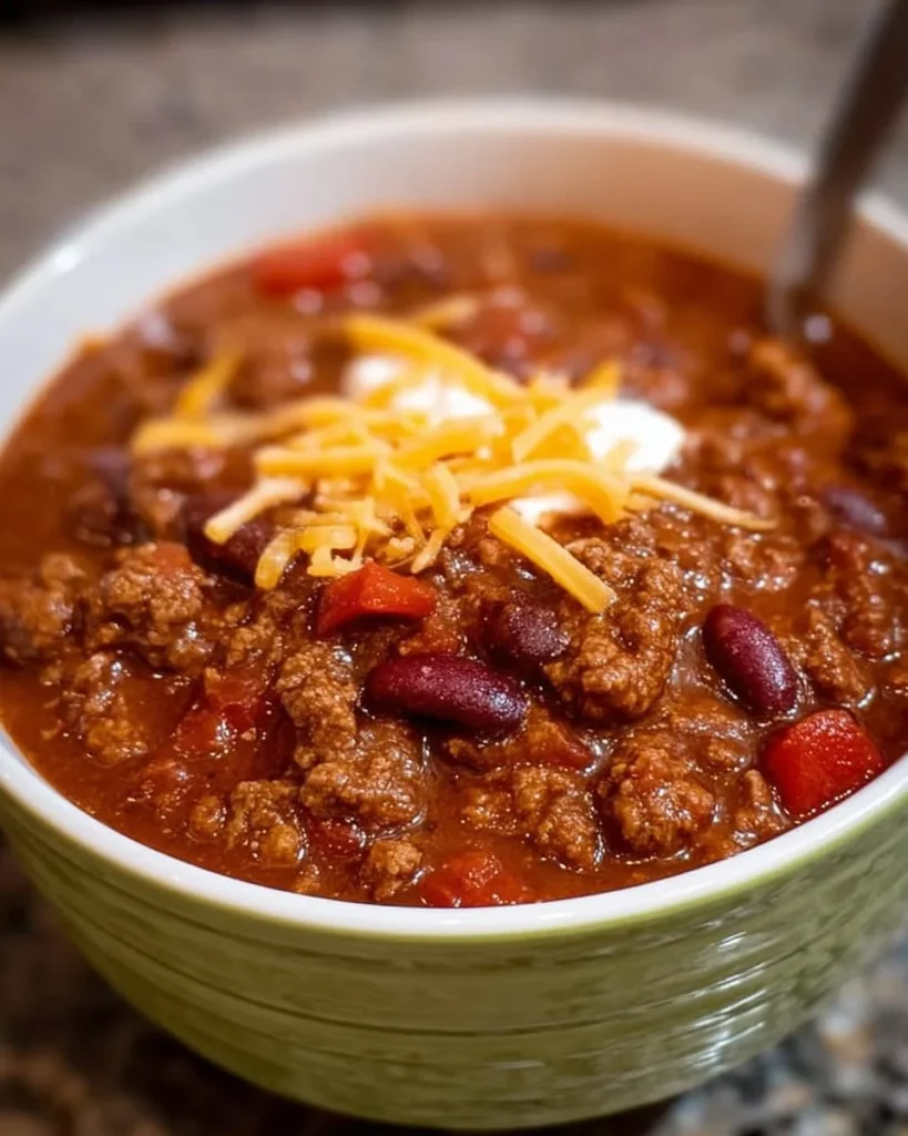 Bowl of delicious classic chili topped with cheese and herbs