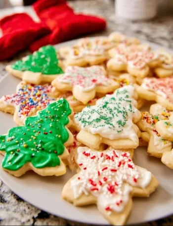 Delicious cut out sugar cookies decorated with icing and sprinkles