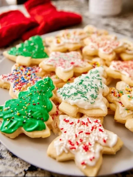 Delicious cut out sugar cookies decorated with icing and sprinkles