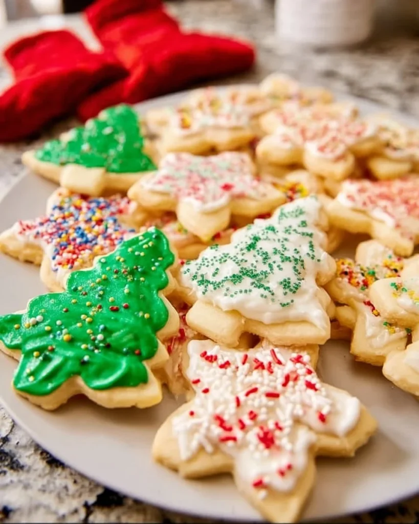 Delicious cut out sugar cookies decorated with icing and sprinkles