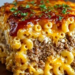 Delicious Mac and Cheese Meatloaf Casserole topped with melted cheese