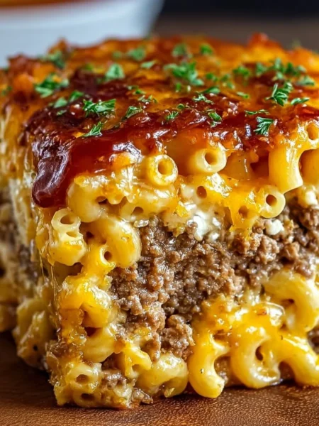 Delicious Mac and Cheese Meatloaf Casserole topped with melted cheese