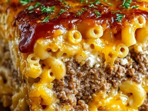 Delicious Mac and Cheese Meatloaf Casserole topped with melted cheese