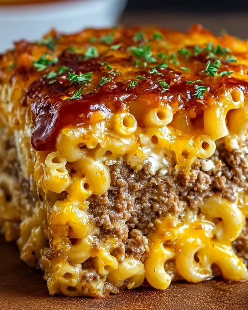 Delicious Mac and Cheese Meatloaf Casserole topped with melted cheese