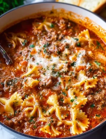 Bowl of easy lasagna soup topped with cheese and fresh basil