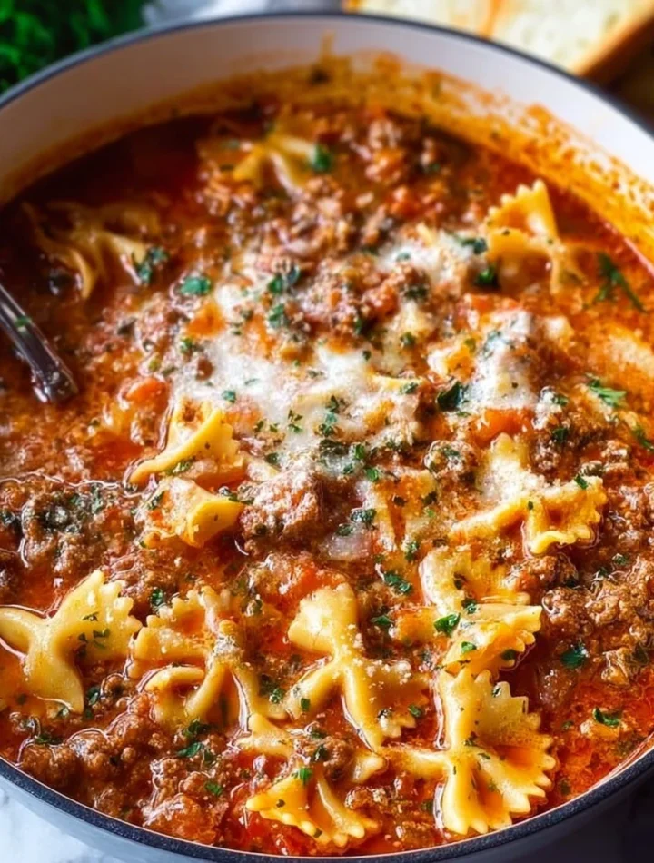 Bowl of easy lasagna soup topped with cheese and fresh basil