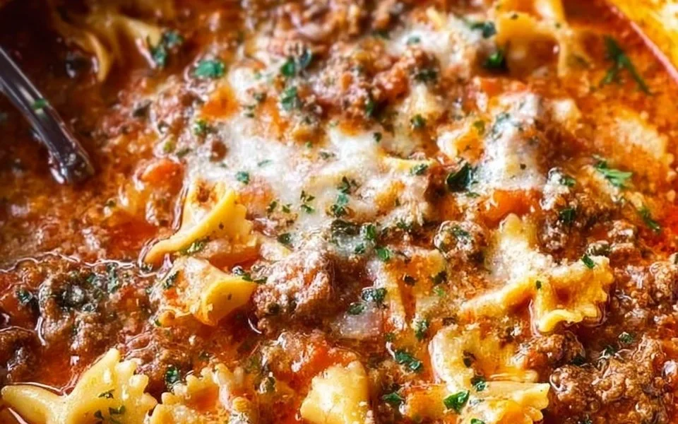 Bowl of easy lasagna soup topped with cheese and fresh basil