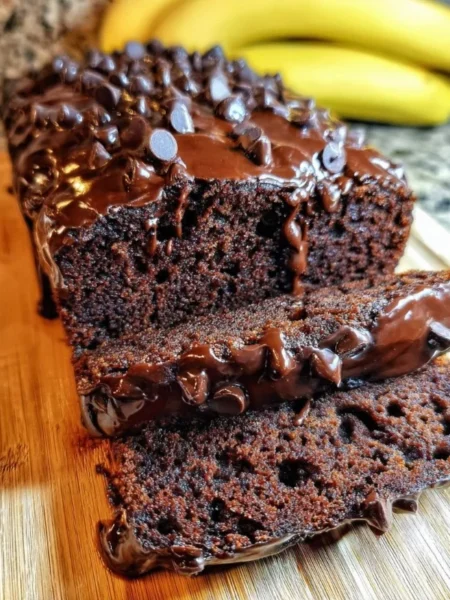 Delicious triple chocolate banana bread topped with chocolate chips