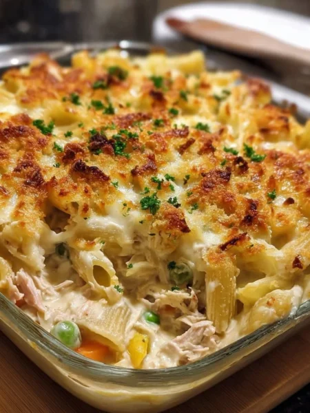 Tuna Mornay casserole pasta bake topped with cheese and herbs