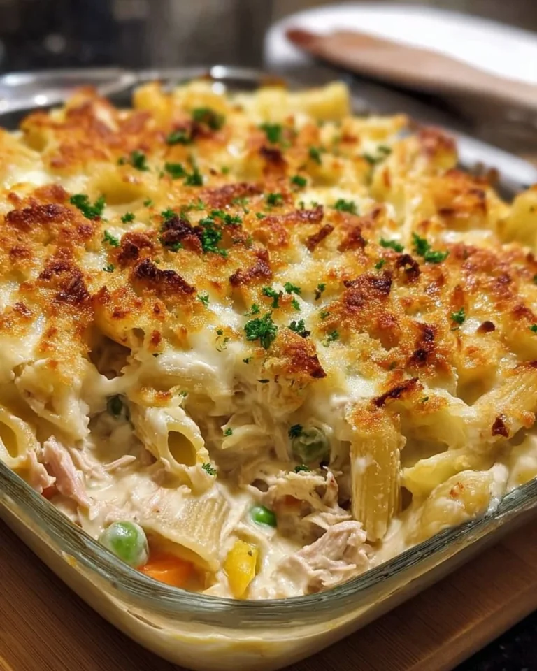 Tuna Mornay casserole pasta bake topped with cheese and herbs
