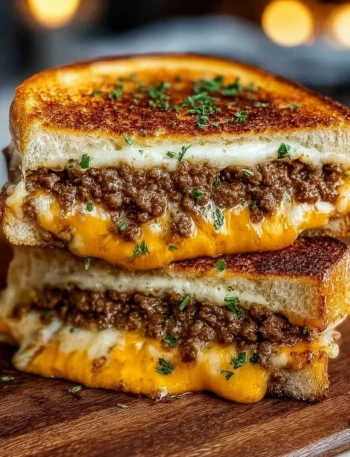 Delicious ultimate cheesy ground beef melt with gooey cheese and savory beef
