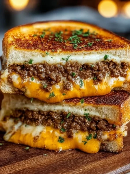 Delicious ultimate cheesy ground beef melt with gooey cheese and savory beef