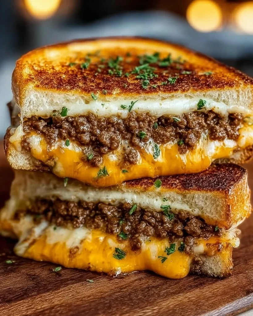 Delicious ultimate cheesy ground beef melt with gooey cheese and savory beef
