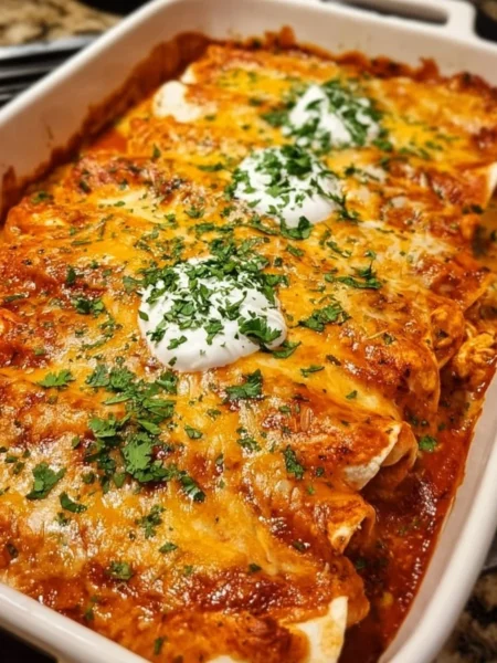 Delicious chicken enchiladas topped with cheese and garnished with cilantro.