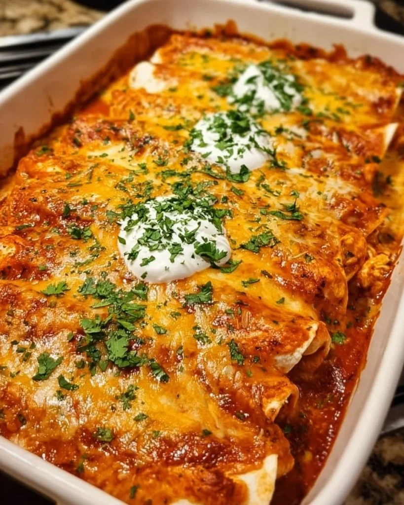 Delicious chicken enchiladas topped with cheese and garnished with cilantro.