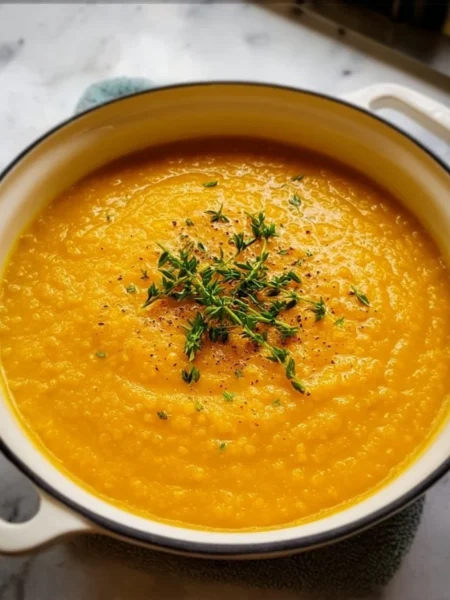 Bowl of creamy vegan pumpkin soup garnished with herbs