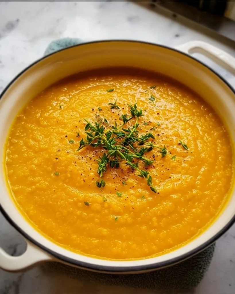 Bowl of creamy vegan pumpkin soup garnished with herbs