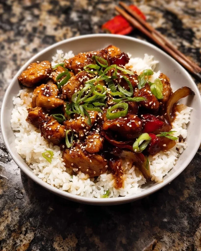 Delicious weeknight sesame teriyaki chicken with ginger rice plated elegantly