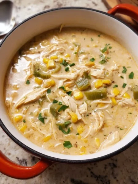 Bowl of White Chicken Chili with chicken, beans, and toppings