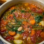 Bowl of winter vegetable minestrone soup with fresh vegetables and herbs.