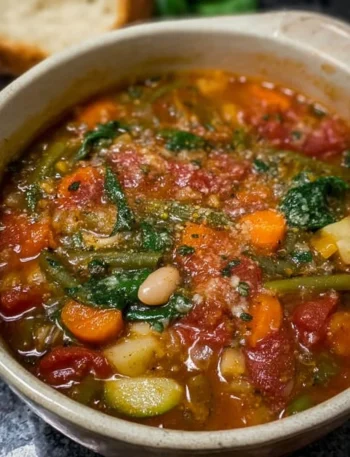 Bowl of winter vegetable minestrone soup with fresh vegetables and herbs.