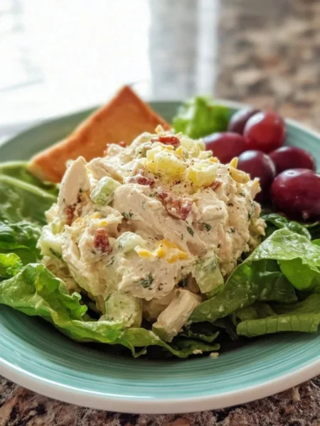 Healthy chicken salad in a bowl with fresh vegetables and dressing