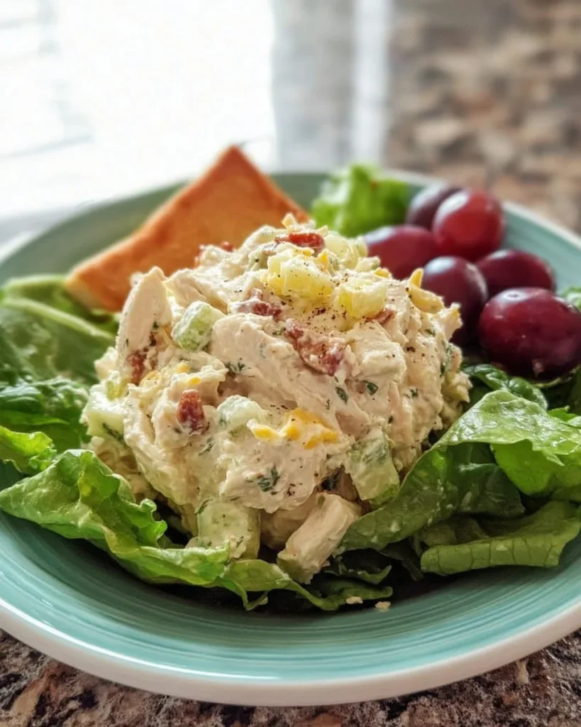 Healthy chicken salad in a bowl with fresh vegetables and dressing