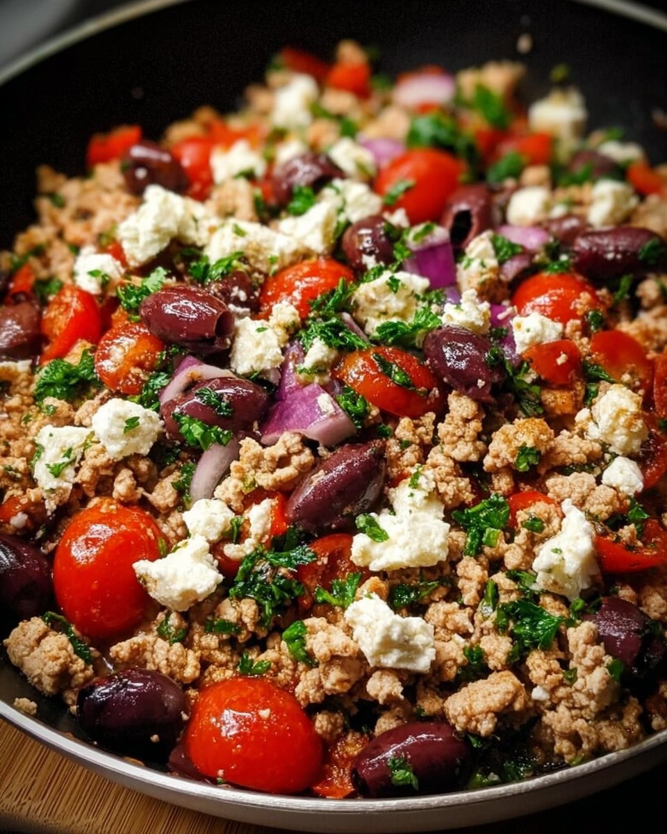 Mediterranean Keto Ground Chicken Skillet with Olives and Feta