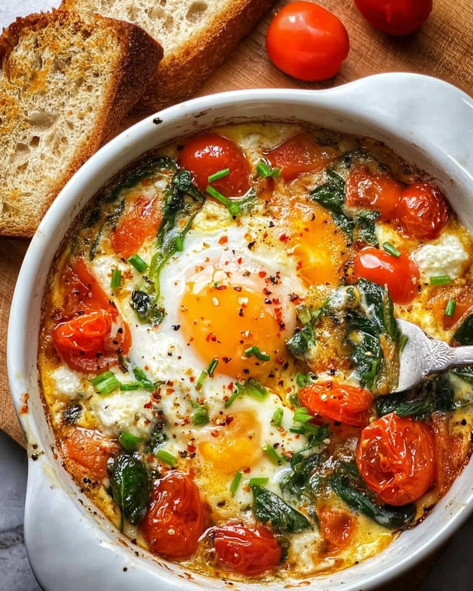 Baked Feta Eggs with Tomatoes and Spinach