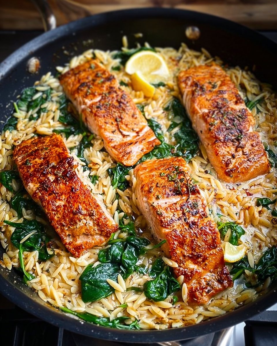 One Skillet Salmon with Lemon Orzo