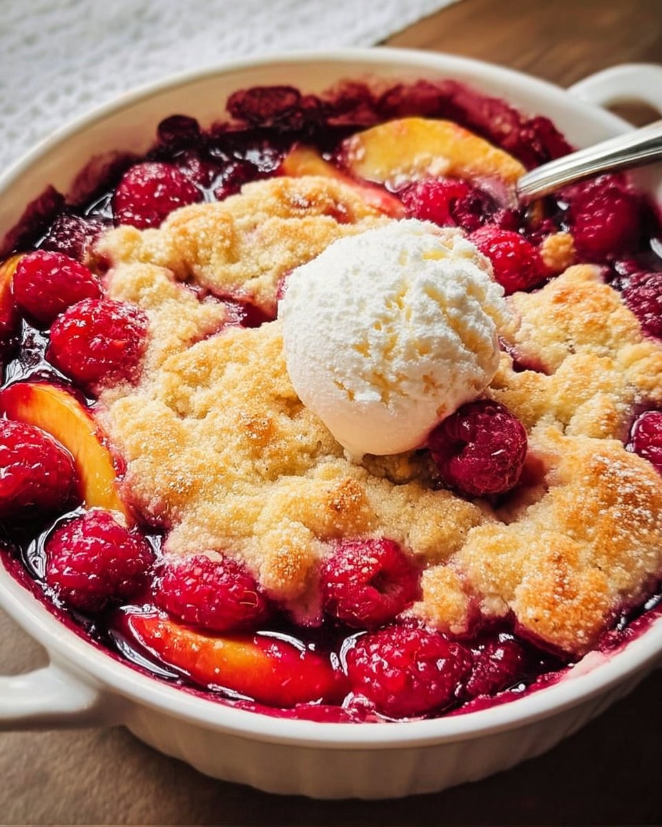 Peach Cobbler with Raspberries