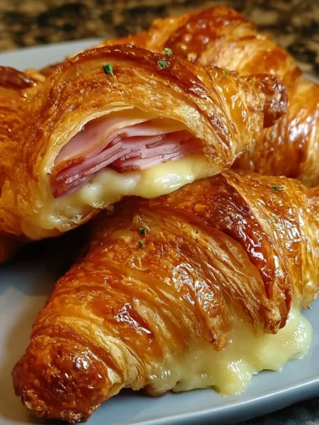 Golden brown air fryer ham cheese croissants with melted cheese inside