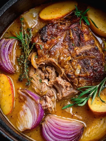 Apple Cider Braised Pork Shoulder served with vegetables on a rustic table