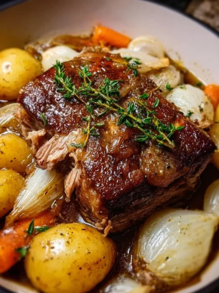 Juicy Apple Cider Pork Roast served with apples and herbs