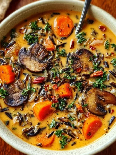 Bowl of Autumn Wild Rice Soup with seasonal vegetables and herbs