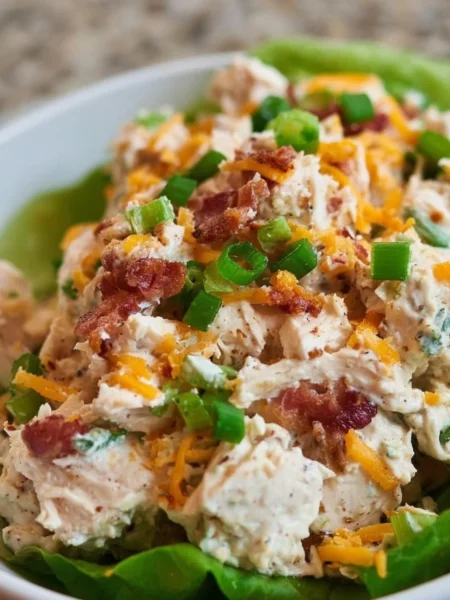Low carb Bacon Ranch Chicken Salad topped with Cheddar cheese